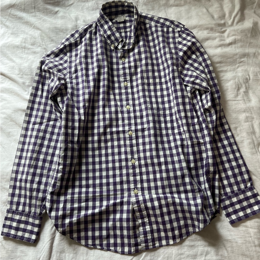 J. Crew Outlet Mens Button Up Long Sleeve Shirt Purple and White Plaid Medium